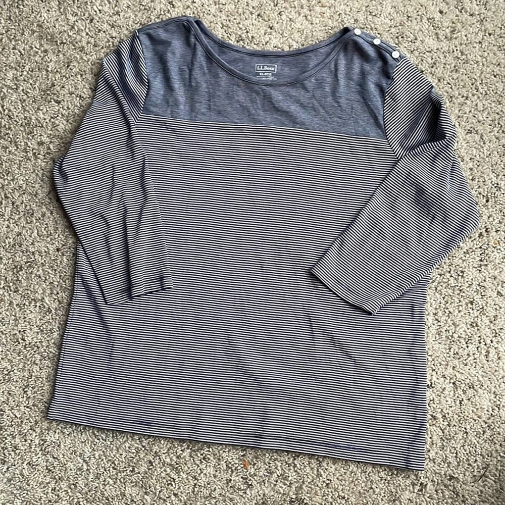 L.L BEAN Navy & White Striped Boatneck 3/4 Sleeves Size X-Large